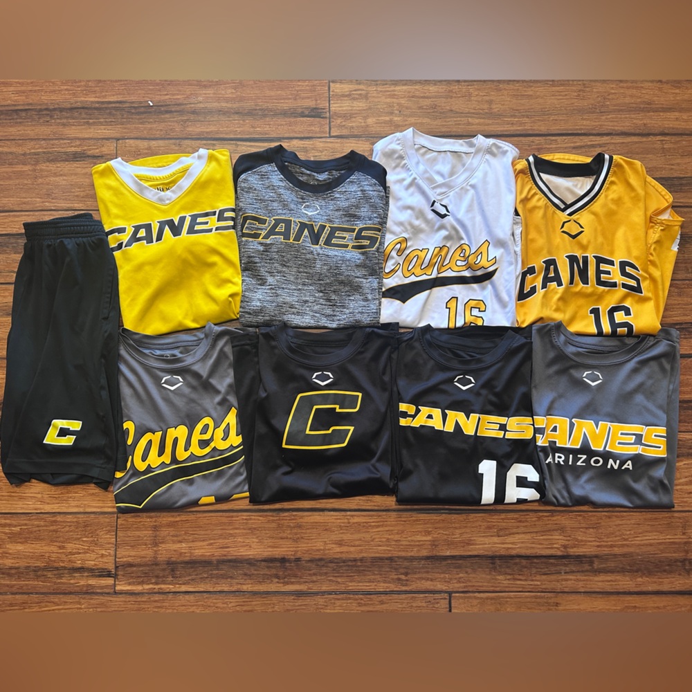 Canes Baseball. 8 shirts & 1pair shorts. Size Youth M. Good Condition.  #16